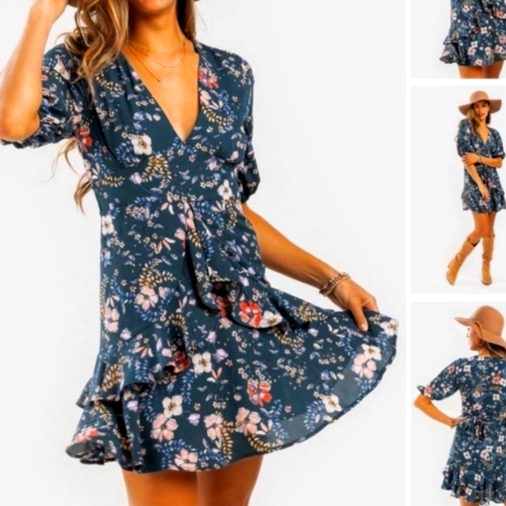 Francesca's Mi Ami Rain Floral Ruffle Dress